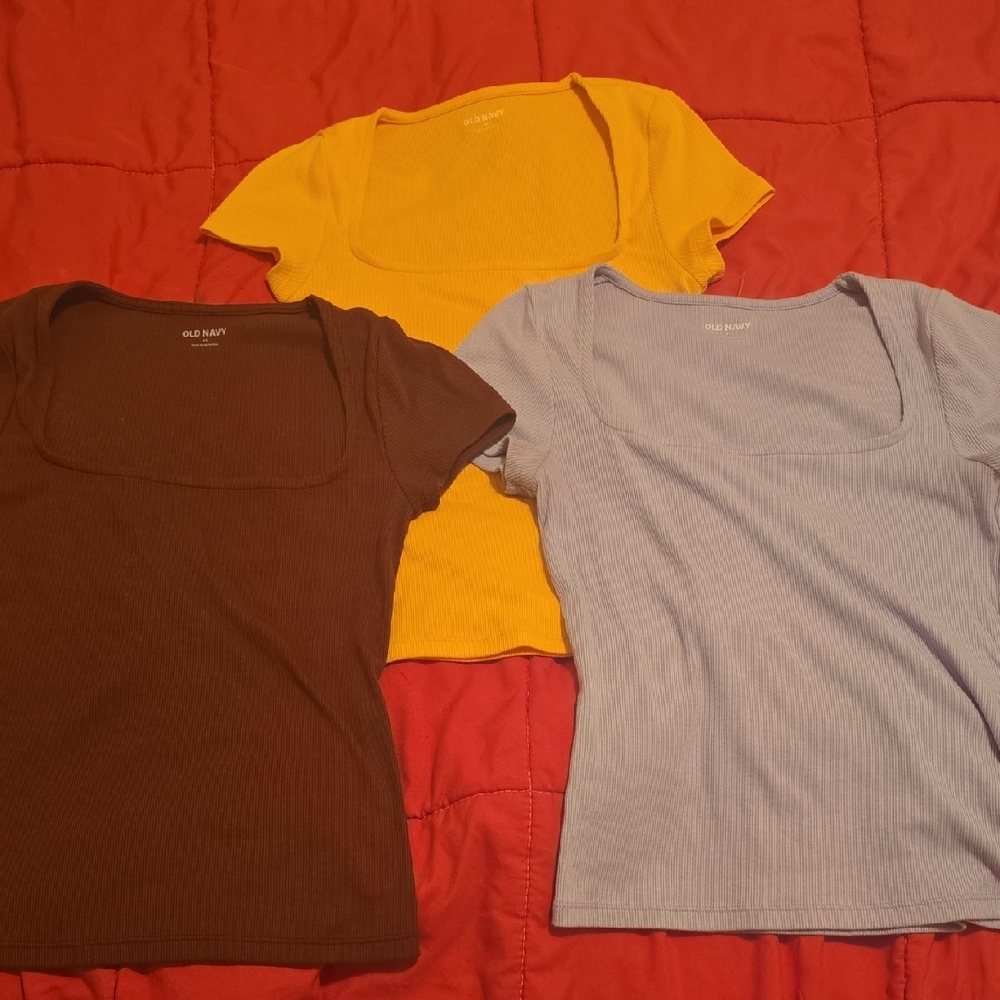 Old Navy Ribbed Tops in Brown, Yellow, and Light Blue